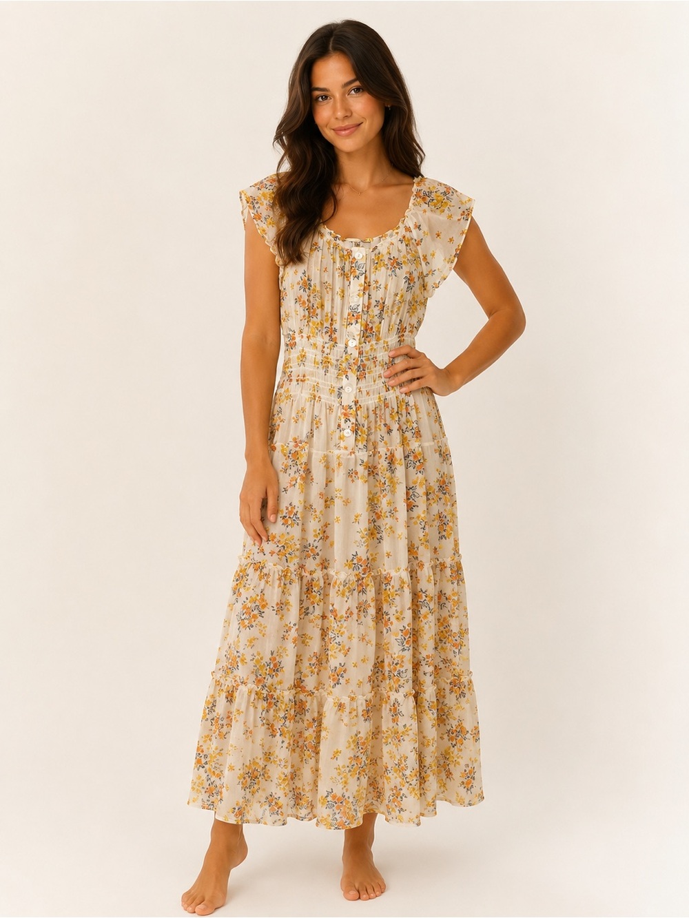 Smocked Floral Maxi Dress in Cream and Yellow